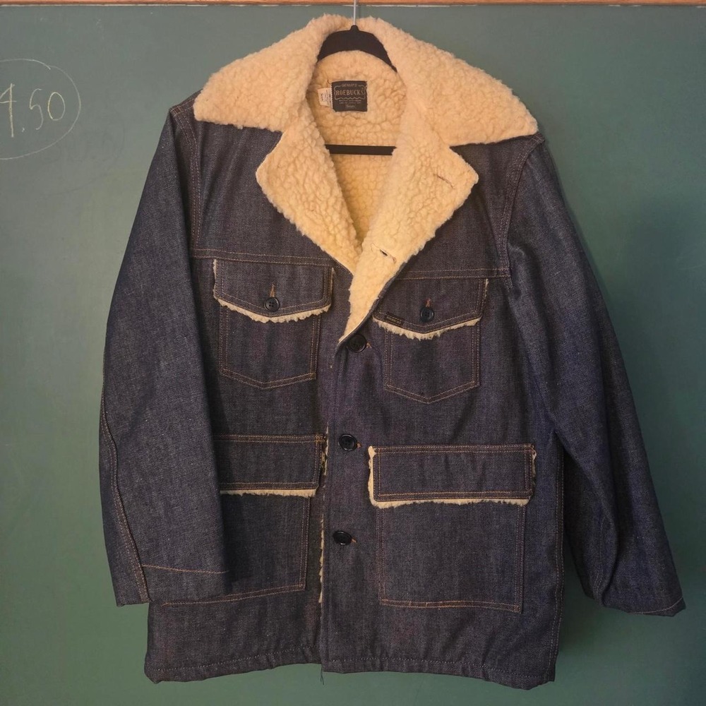 Vintage 70s Sears Roebucks Denim Sherpa Lined Jacket Blue 38R